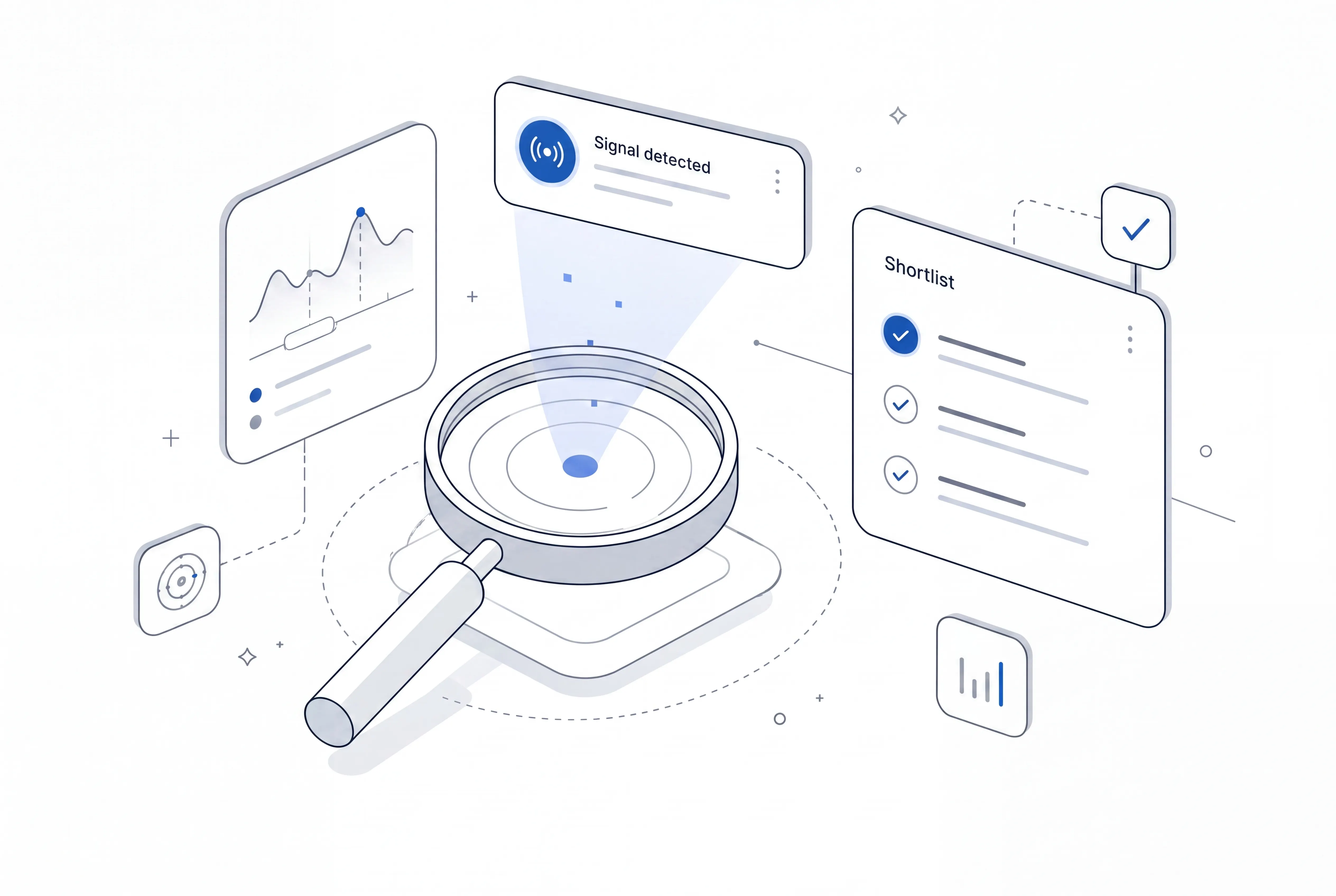 A magnifying glass detecting recruiting signals with a shortlist