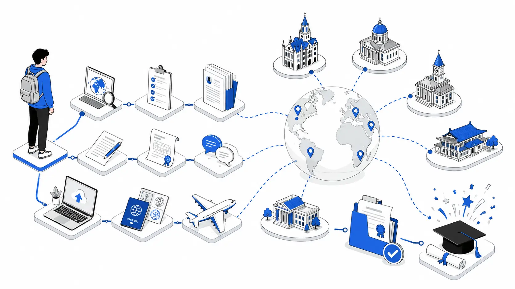 A student's application steps connecting across a globe to university buildings in different regions, ending in an acceptance and a graduation cap
