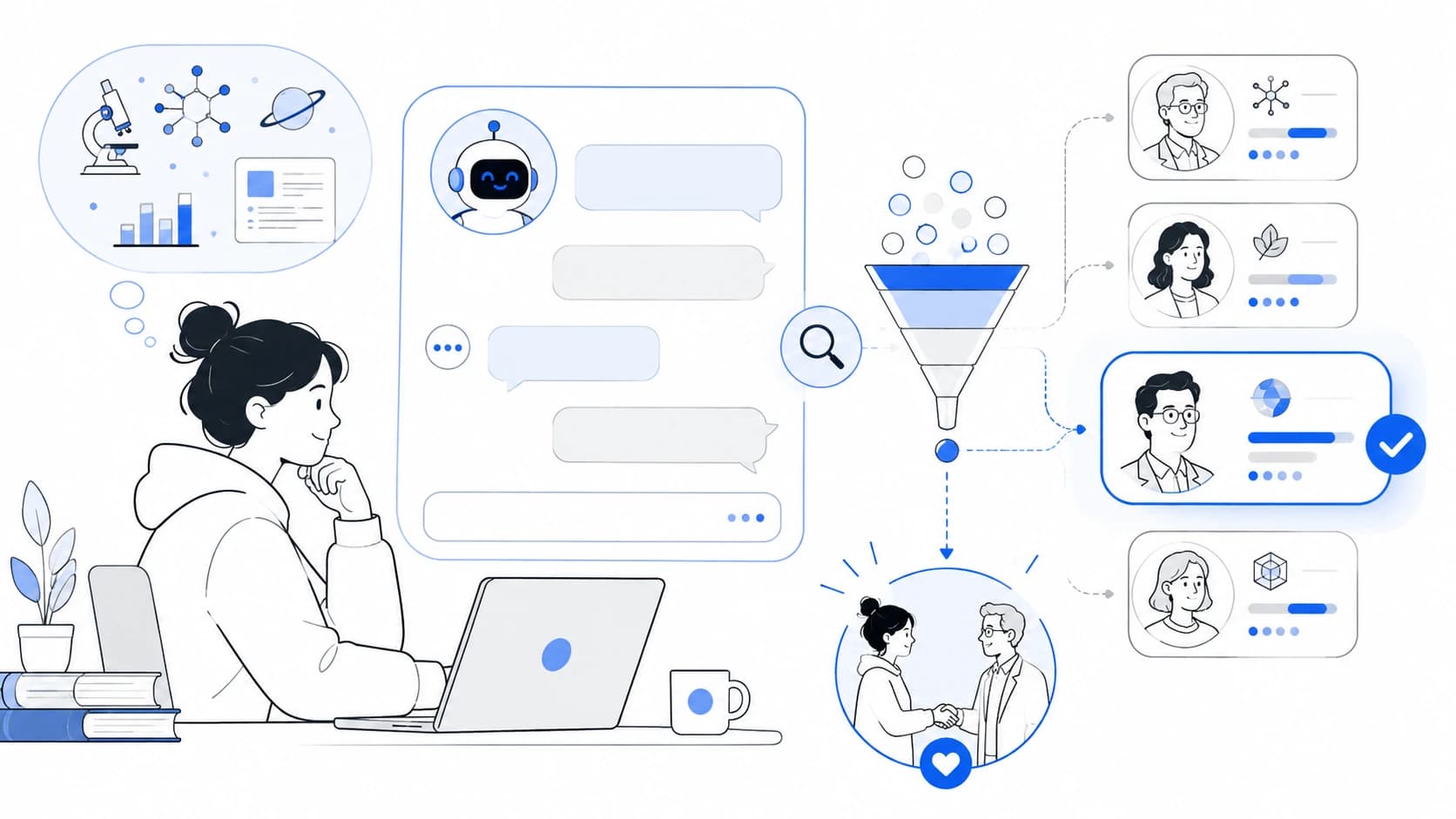 A student chatting with an AI assistant whose suggestions pass through a filter into a shortlist of professor profiles