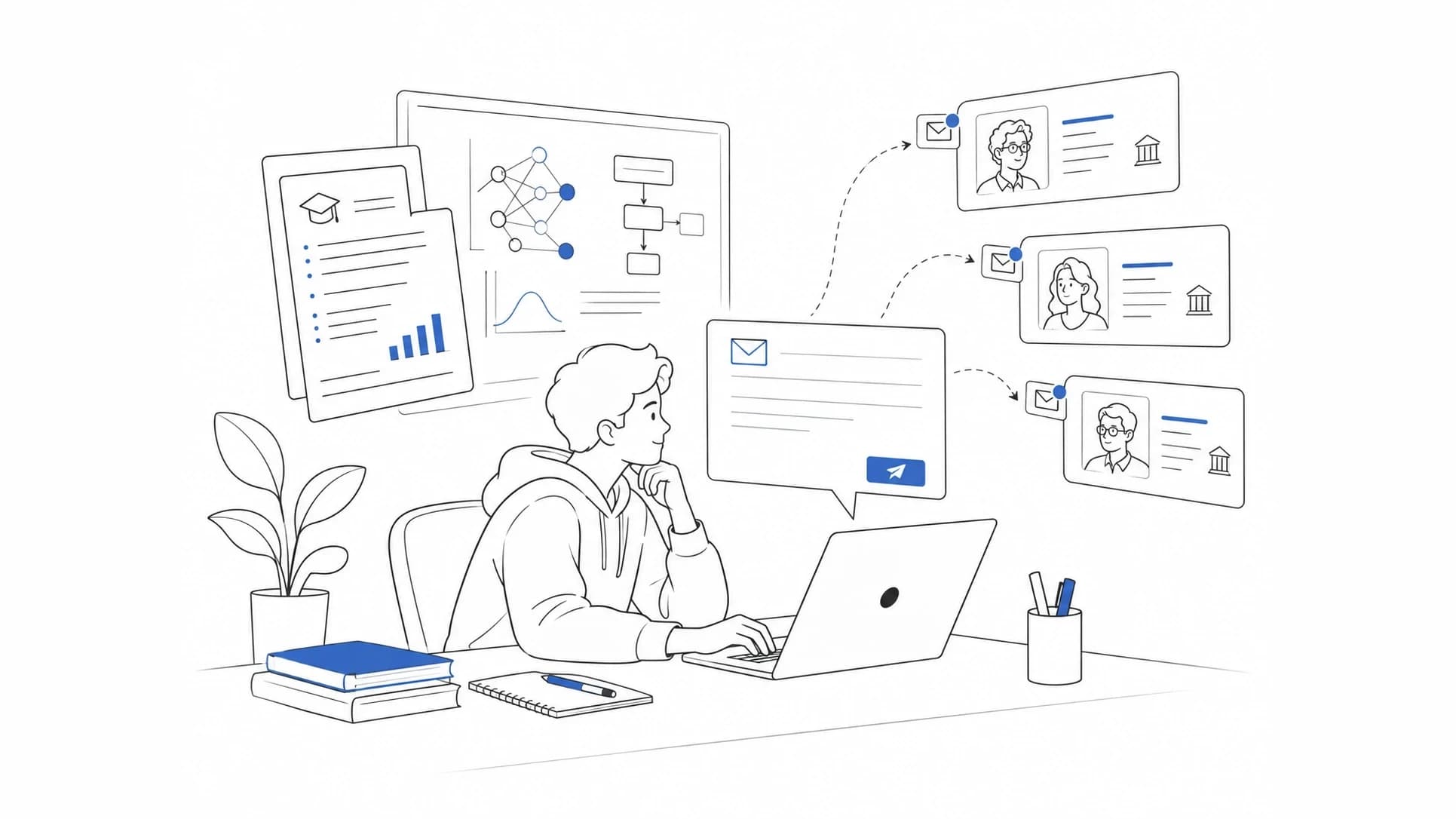 A student at a laptop with research papers and a model diagram, sending personalized emails to three professors at different universities