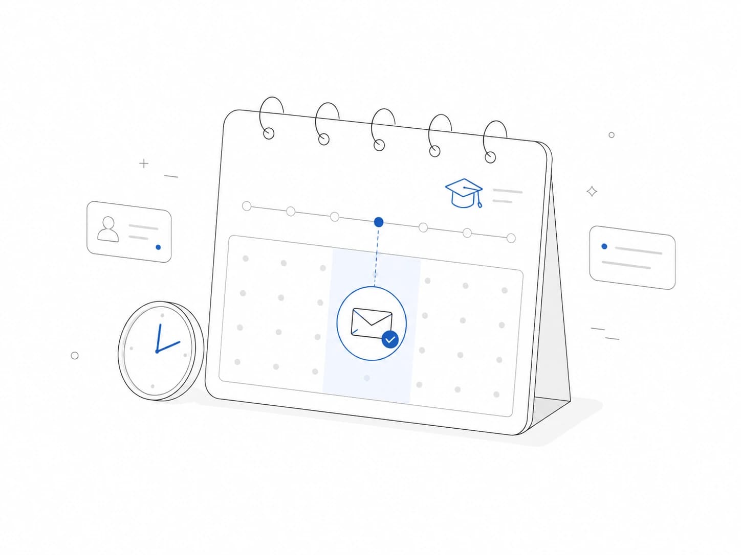 A desk calendar with an email marked on one date, beside a clock and a graduation cap