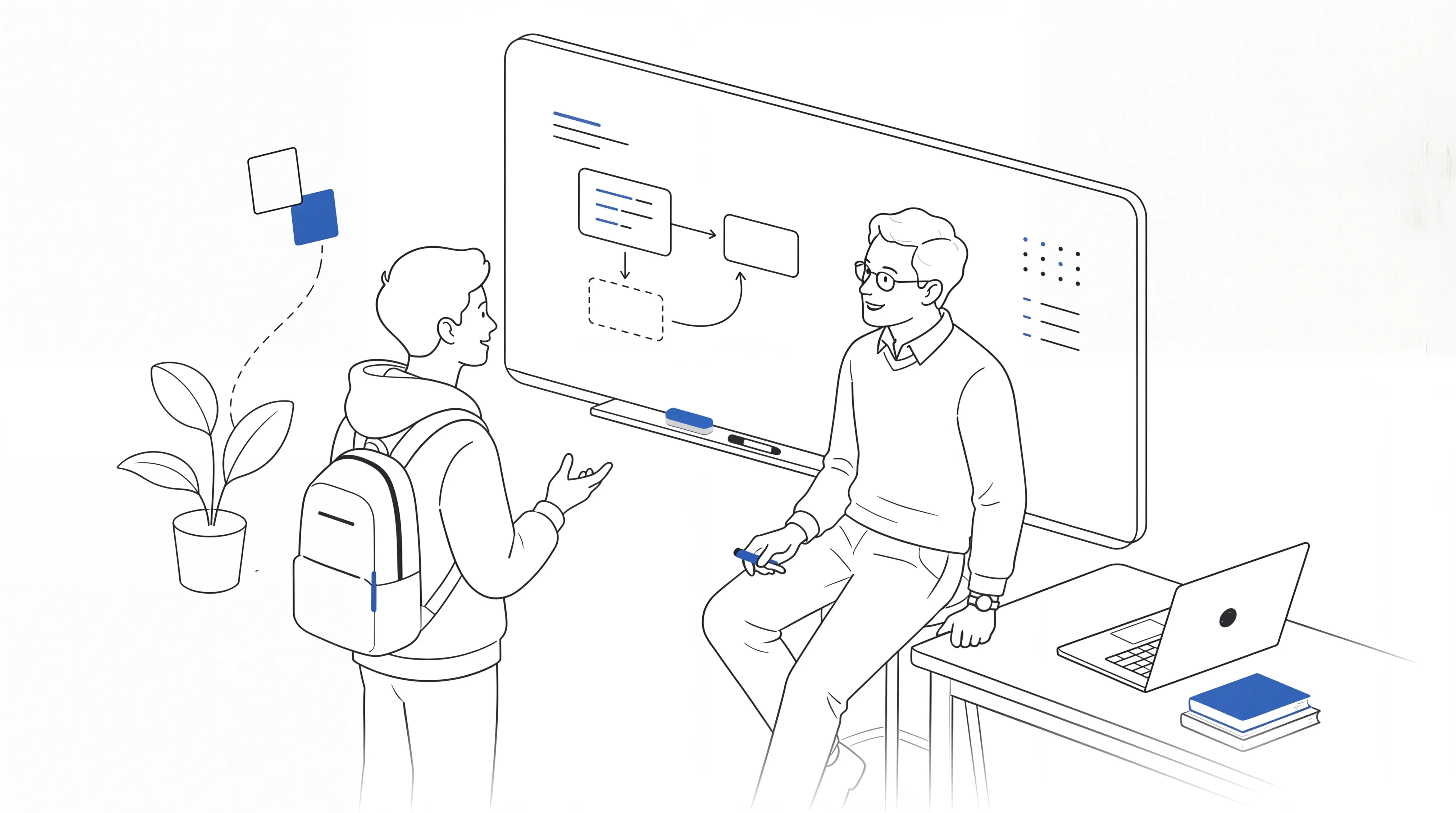 A student and professor discussing research at a whiteboard