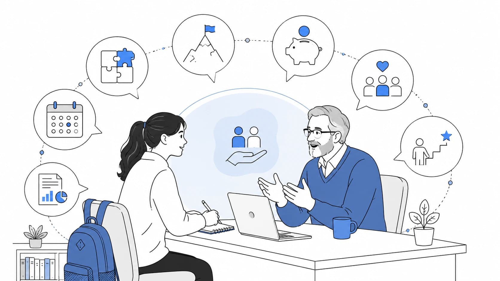 A student taking notes across a desk from a professor, surrounded by speech bubbles for funding, meeting frequency, lab culture and career growth
