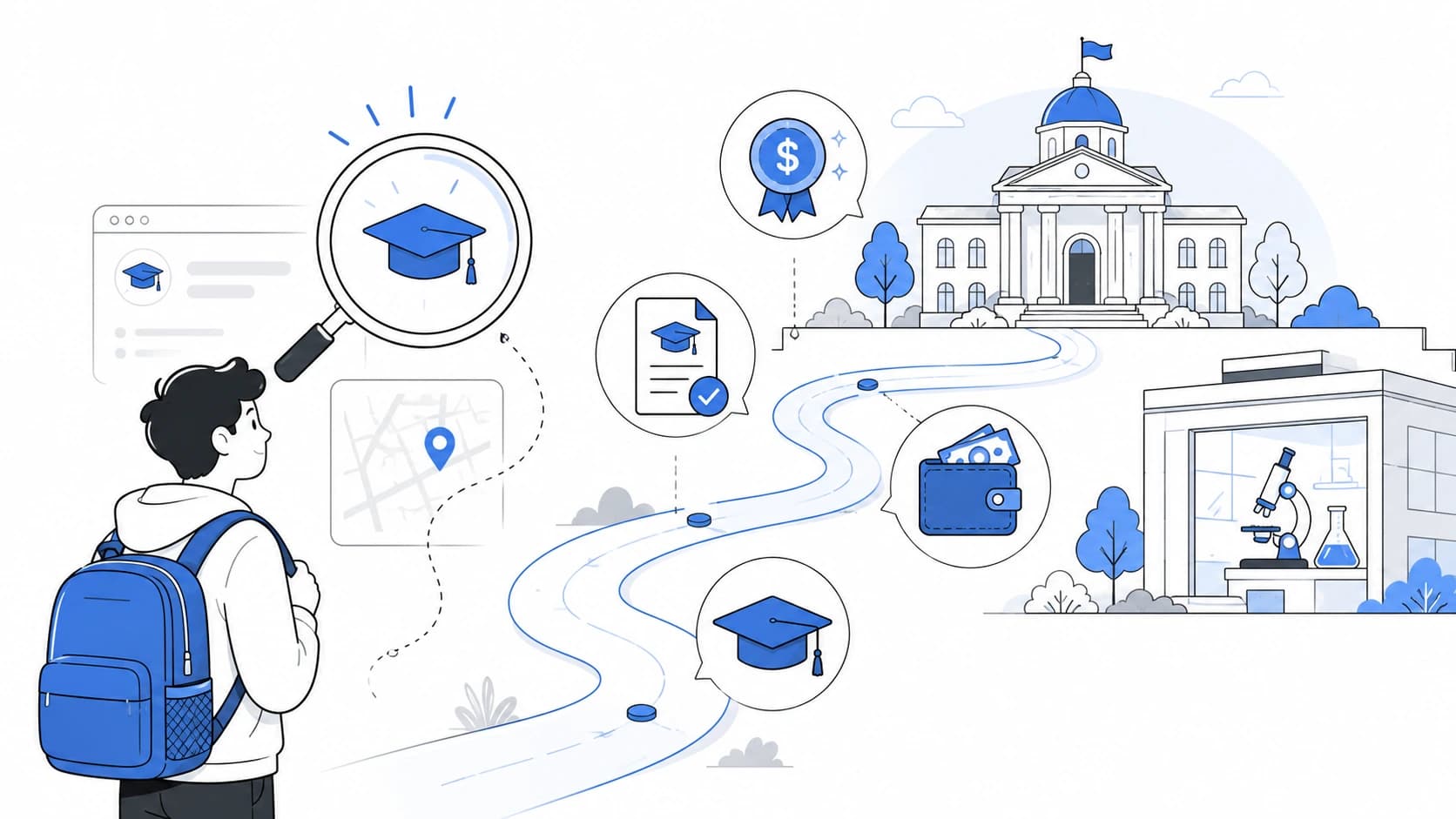A student with a magnifying glass following a path toward a university, past funding and scholarship markers