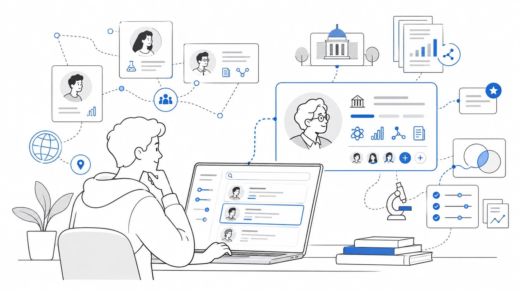 A student researching professors on a laptop, surrounded by connected profile cards showing research areas, universities and publications