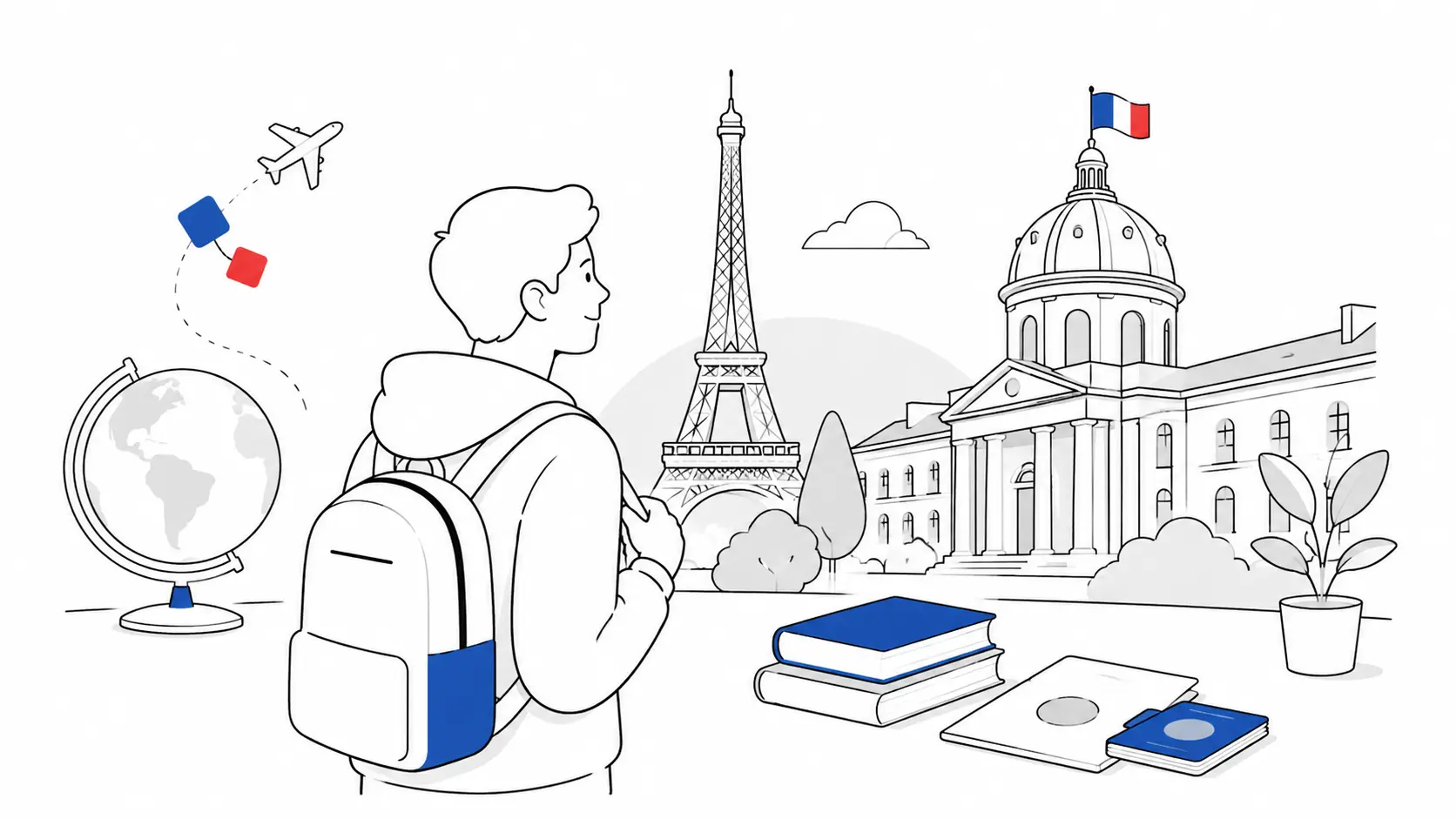An international student arriving in France for a master's degree, with the Eiffel Tower and a French university campus