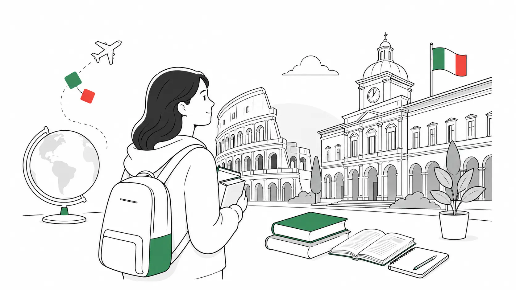 An international student arriving in Italy for a master's degree, with the Colosseum and an Italian university campus