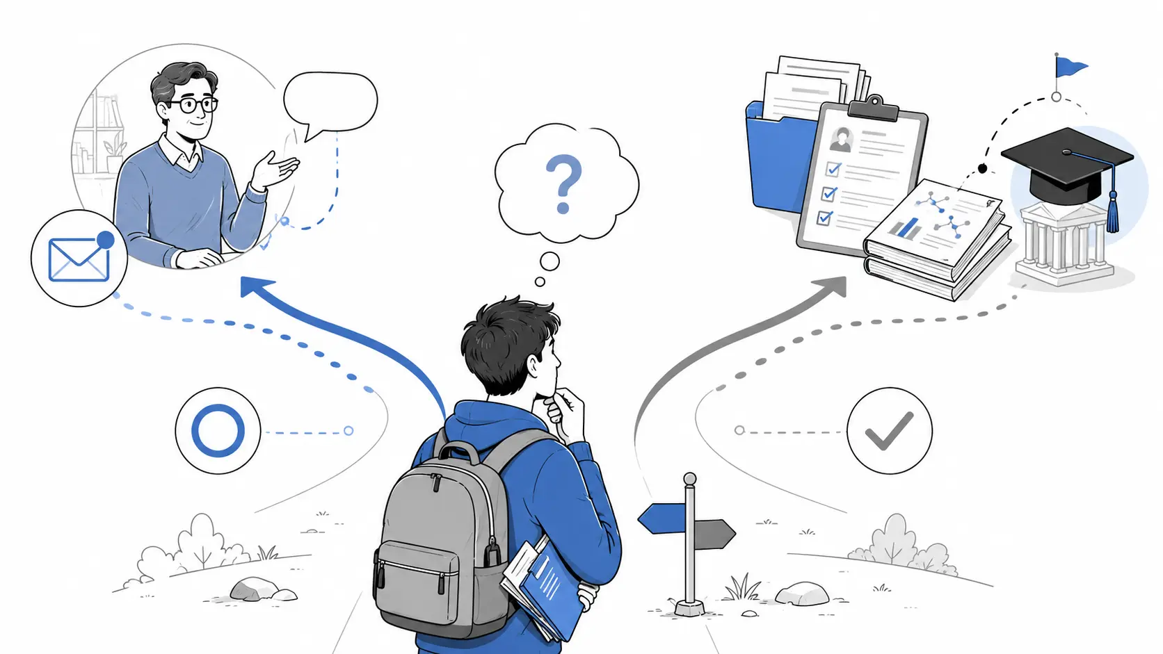 A student at a fork in the road, weighing a path through emailing a professor against a path through application documents alone