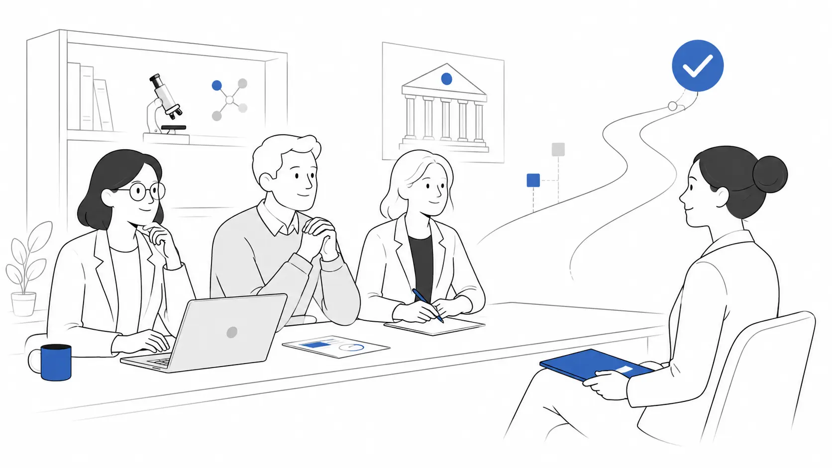 A postdoc candidate presenting their experience to an academic interview panel