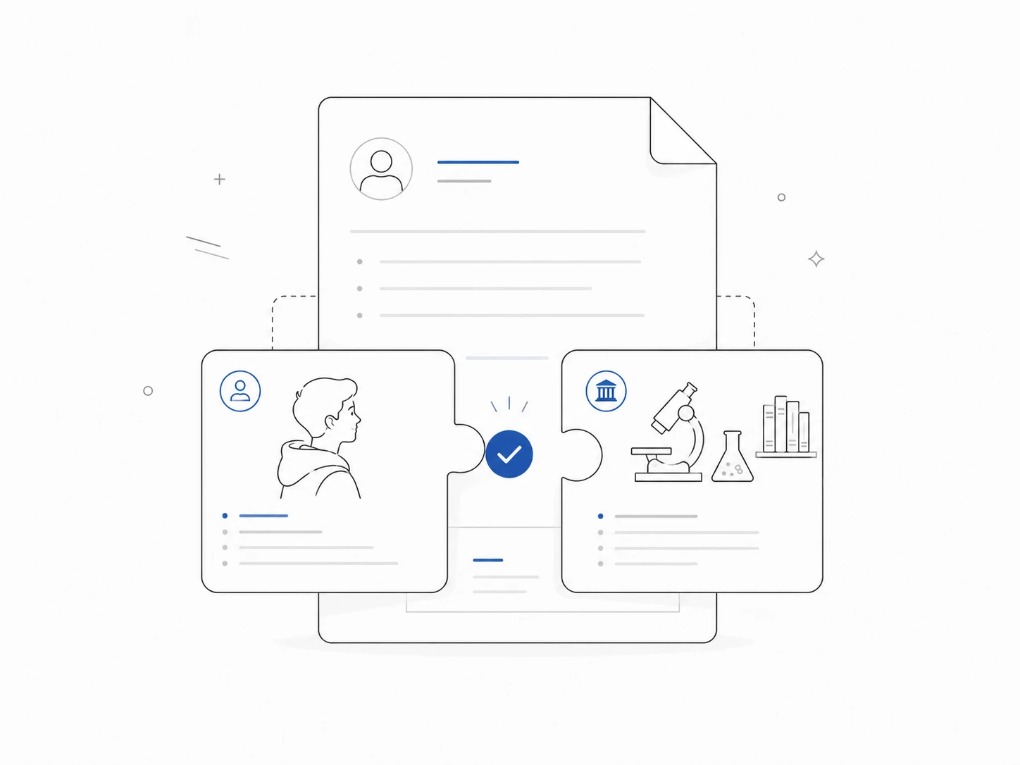 Two puzzle pieces joining a student profile to a research lab, over a statement of purpose document
