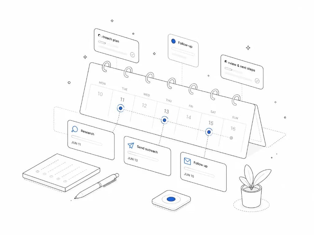A desk calendar with outreach milestones marked across the month